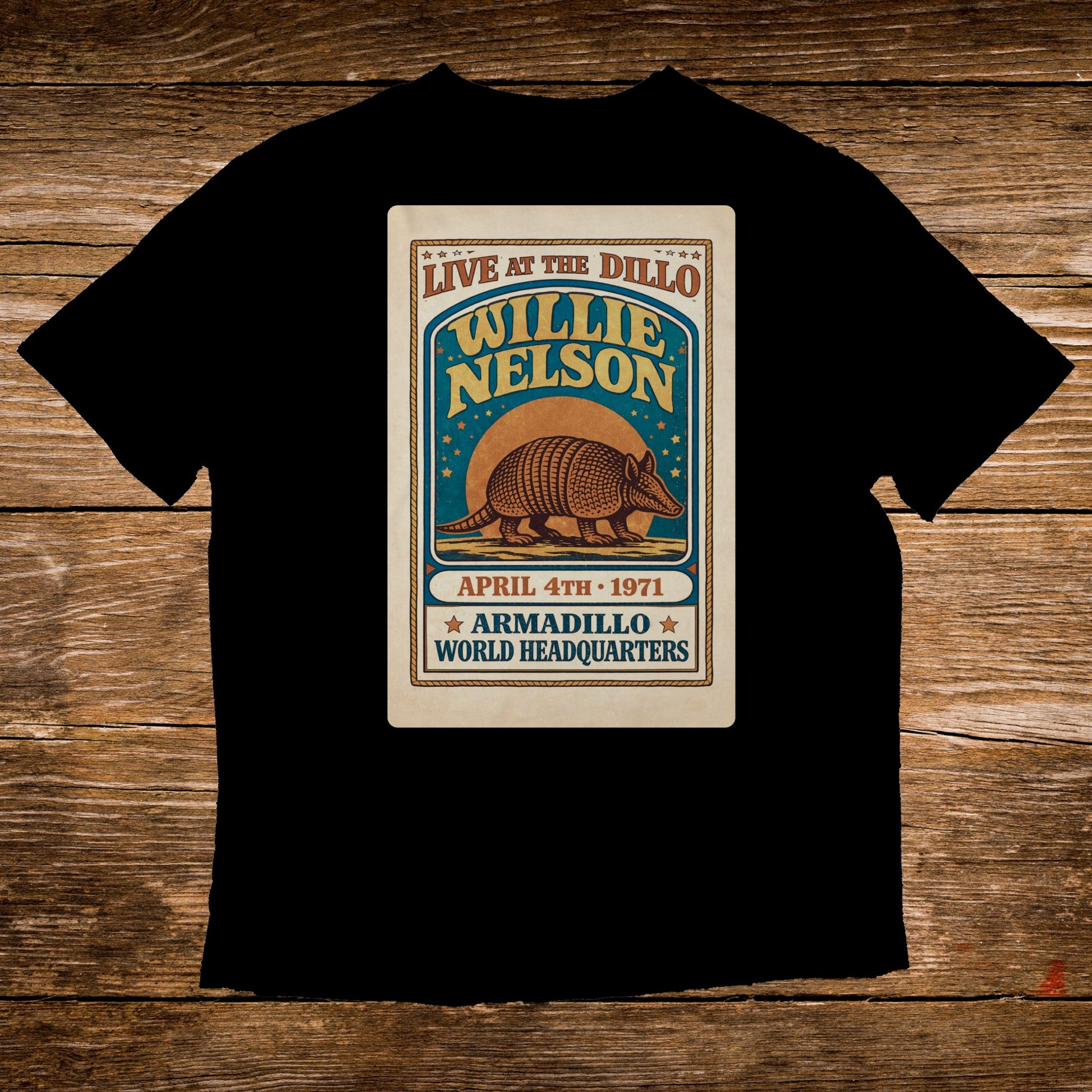 Willie Nelson Live at the Dillo April 4th, 1971 concert t-shirt.