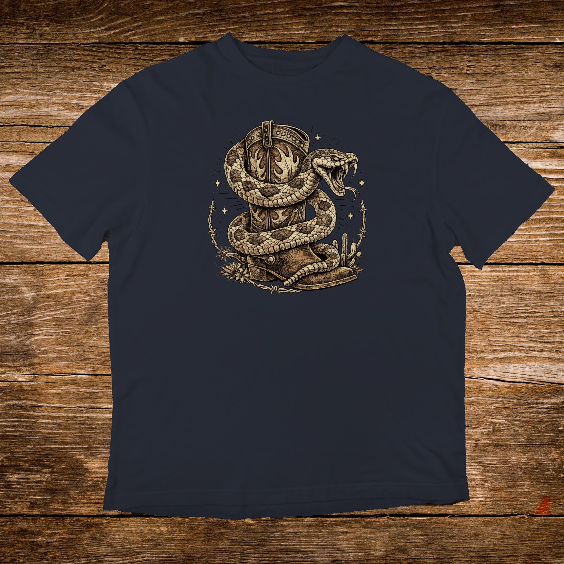 Snake coiled around a cowboy boot, with decorative elements.
