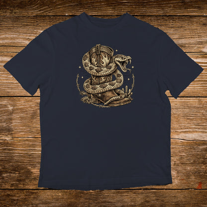 Snake coiled around a cowboy boot, with decorative elements.