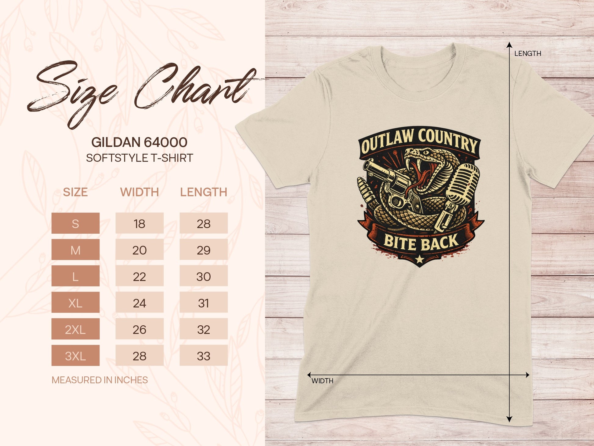 Gildan 64000 softstyle t-shirt size chart with measurements.