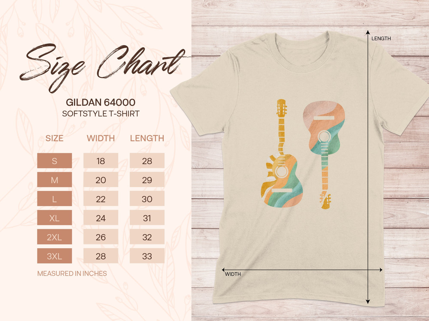 Gildan 64000 Softstyle T-Shirt size chart with two colorful guitars.