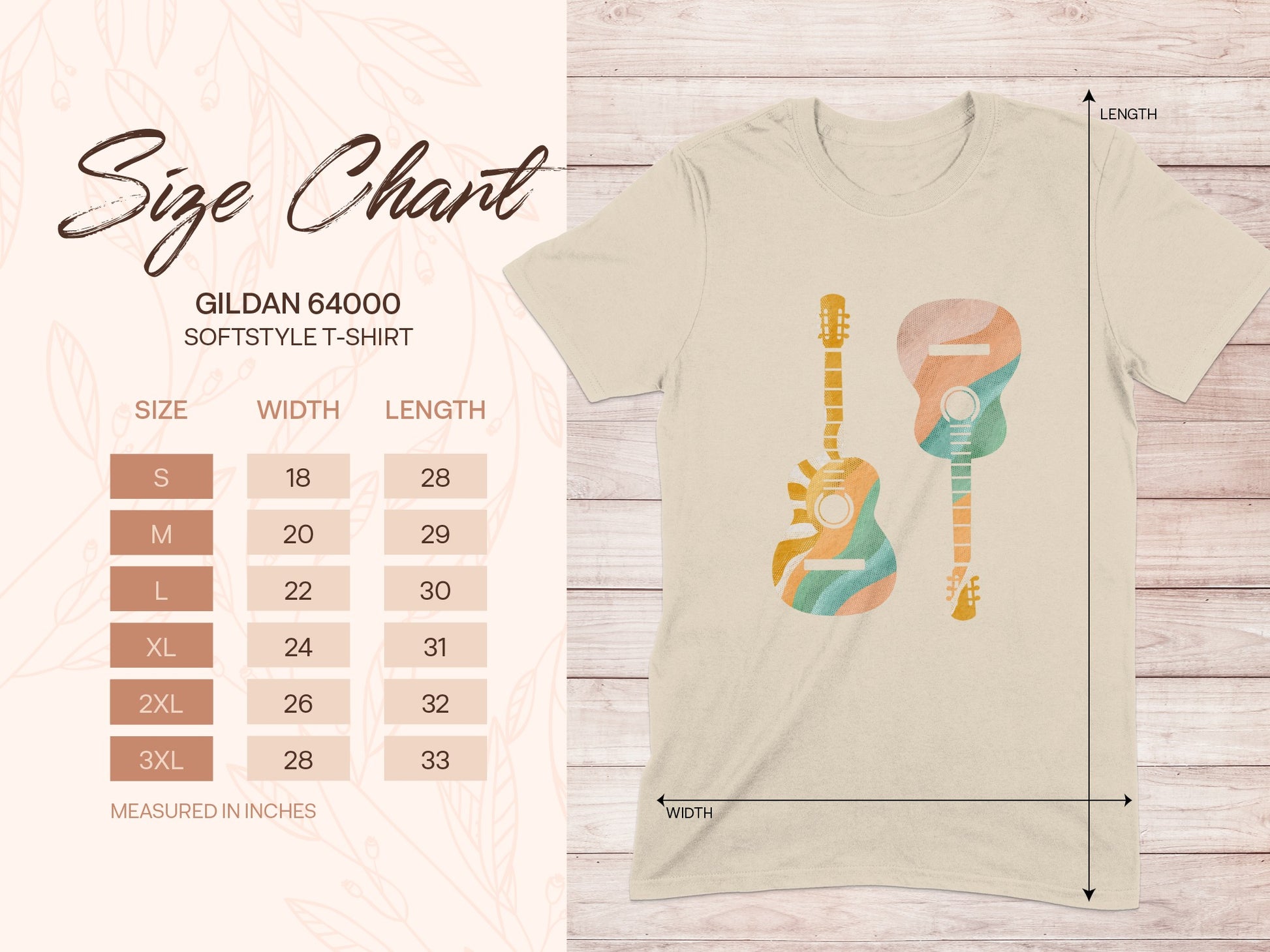Gildan 64000 Softstyle T-Shirt size chart with two colorful guitars.