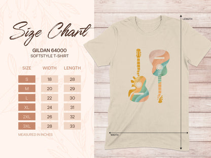 Gildan 64000 Softstyle T-Shirt size chart with two colorful guitars.