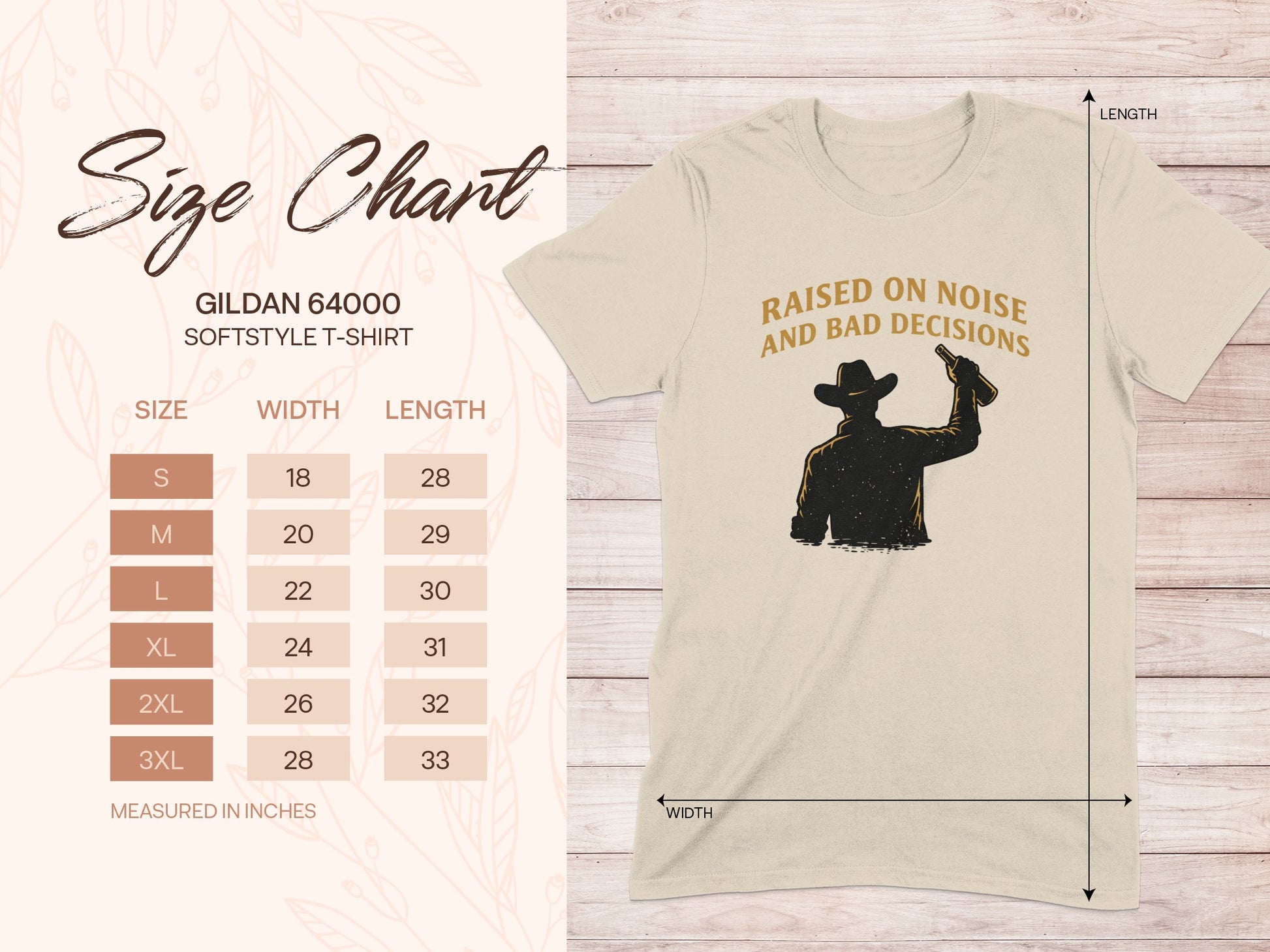 Gildan 64000 size chart for t-shirts, with graphic of cowboy holding bottle.