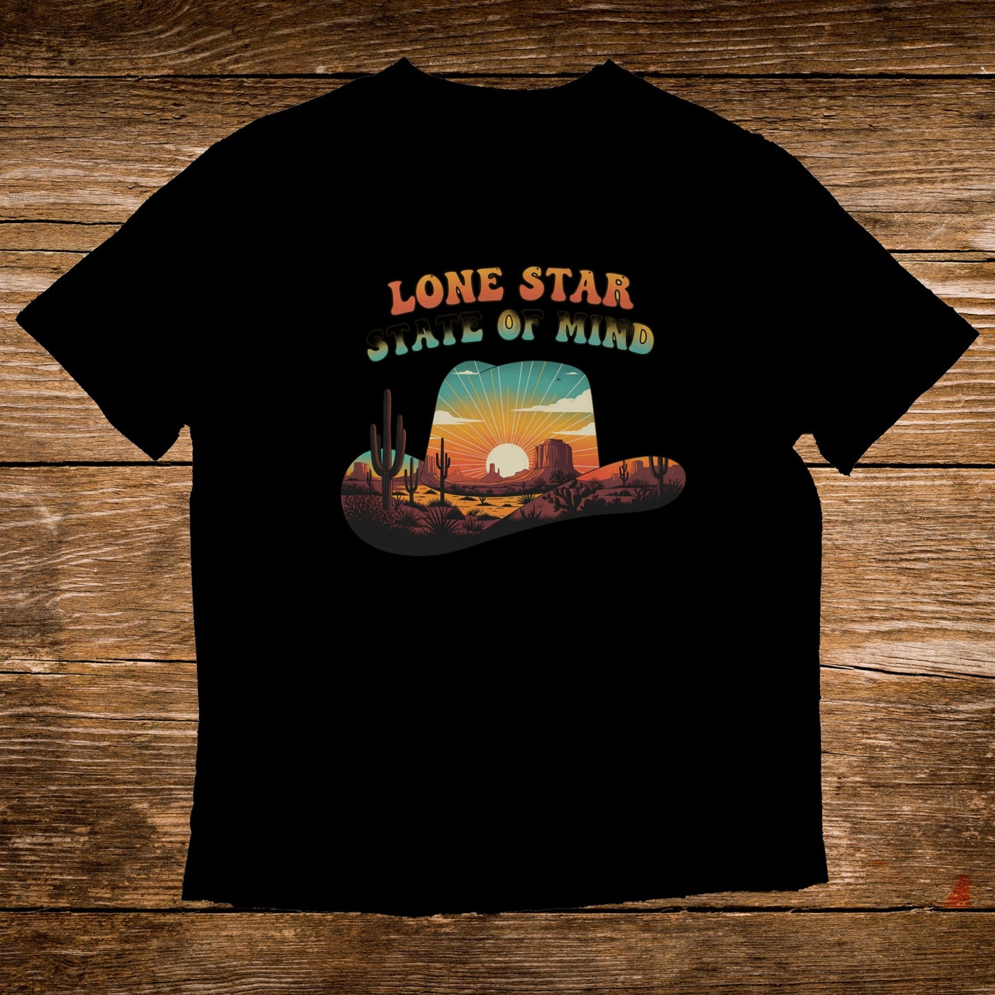 Cowboy hat with "Lone Star State of Mind" and desert sunset scene.