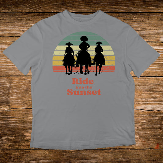 Three silhouettes of people riding horses against a sunset with text "Ride into the Sunset".