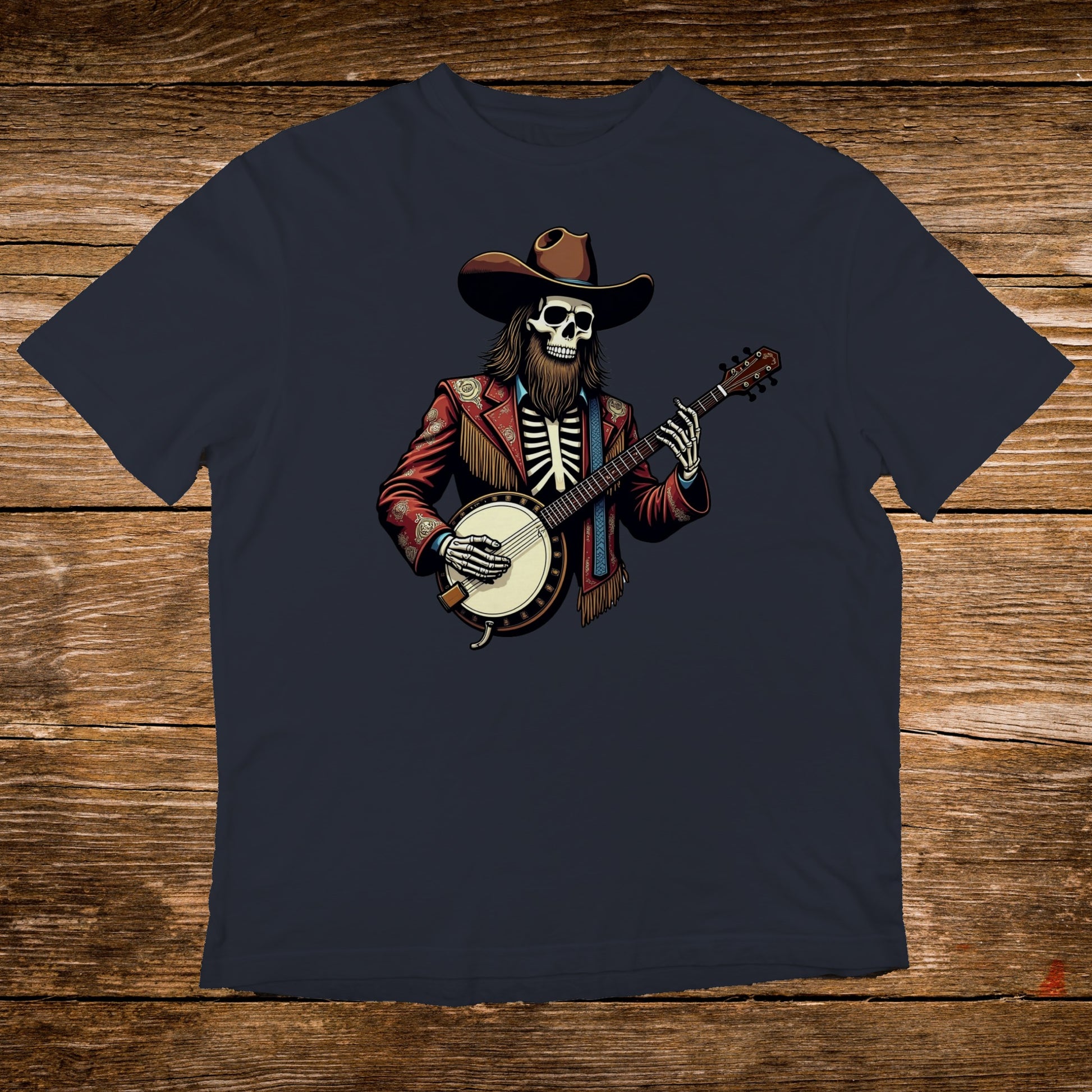 Skeleton cowboy in a hat and jacket playing a banjo.