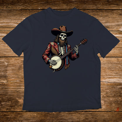 Skeleton cowboy in a hat and jacket playing a banjo.