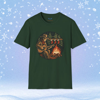 Cowboy Playing Guitar by Fire with Christmas Stockings Tshirt