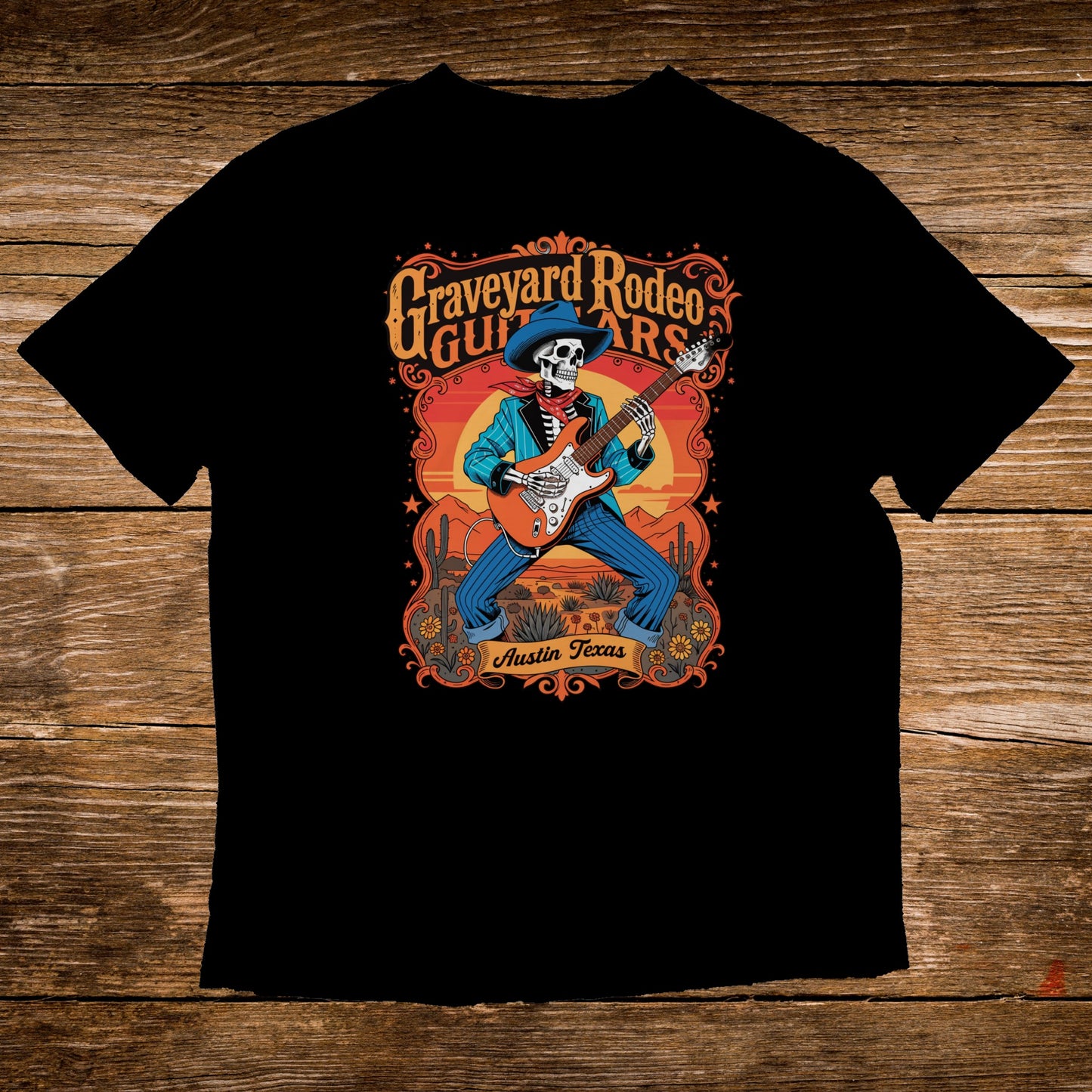 Black t-shirt with skeleton playing guitar, "Graveyard Rodeo Guitars Austin Texas" text.