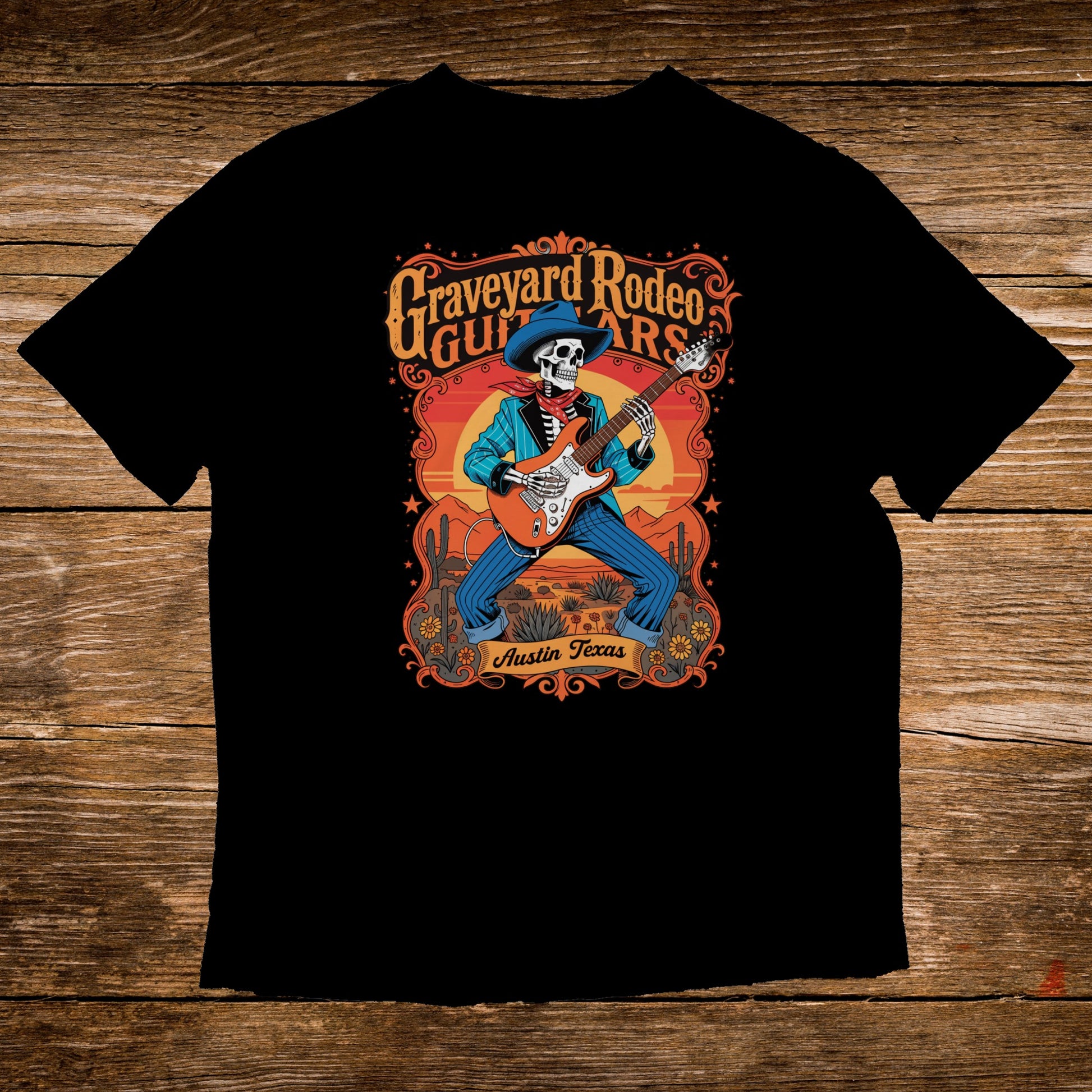 Black t-shirt with skeleton playing guitar, "Graveyard Rodeo Guitars Austin Texas" text.