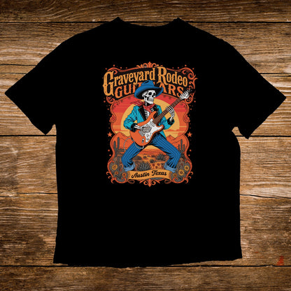 Black t-shirt with skeleton playing guitar, "Graveyard Rodeo Guitars Austin Texas" text.