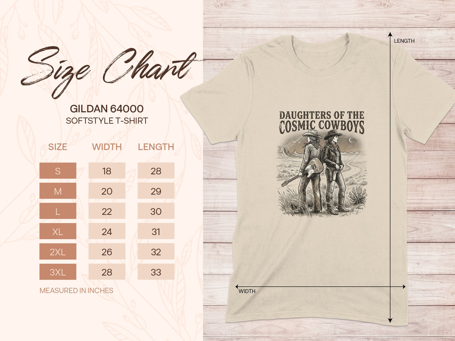 Gildan 64000 size chart for "Daughters of the Cosmic Cowboys" t-shirt.
