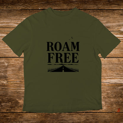 Olive green t-shirt with "ROAM FREE" text and a road graphic.