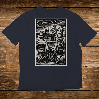 T-shirt with a linocut illustration of a live band playing outdoors.