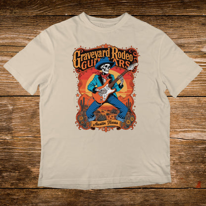 Skeleton playing guitar in western desert landscape, "Graveyard Rodeo Guitars Austin Texas" text.