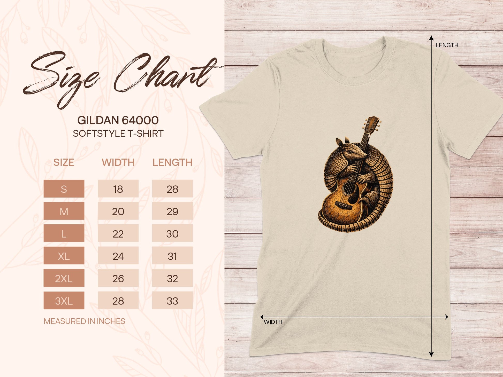 Gildan 64000 Softstyle t-shirt size chart with armadillo graphic.