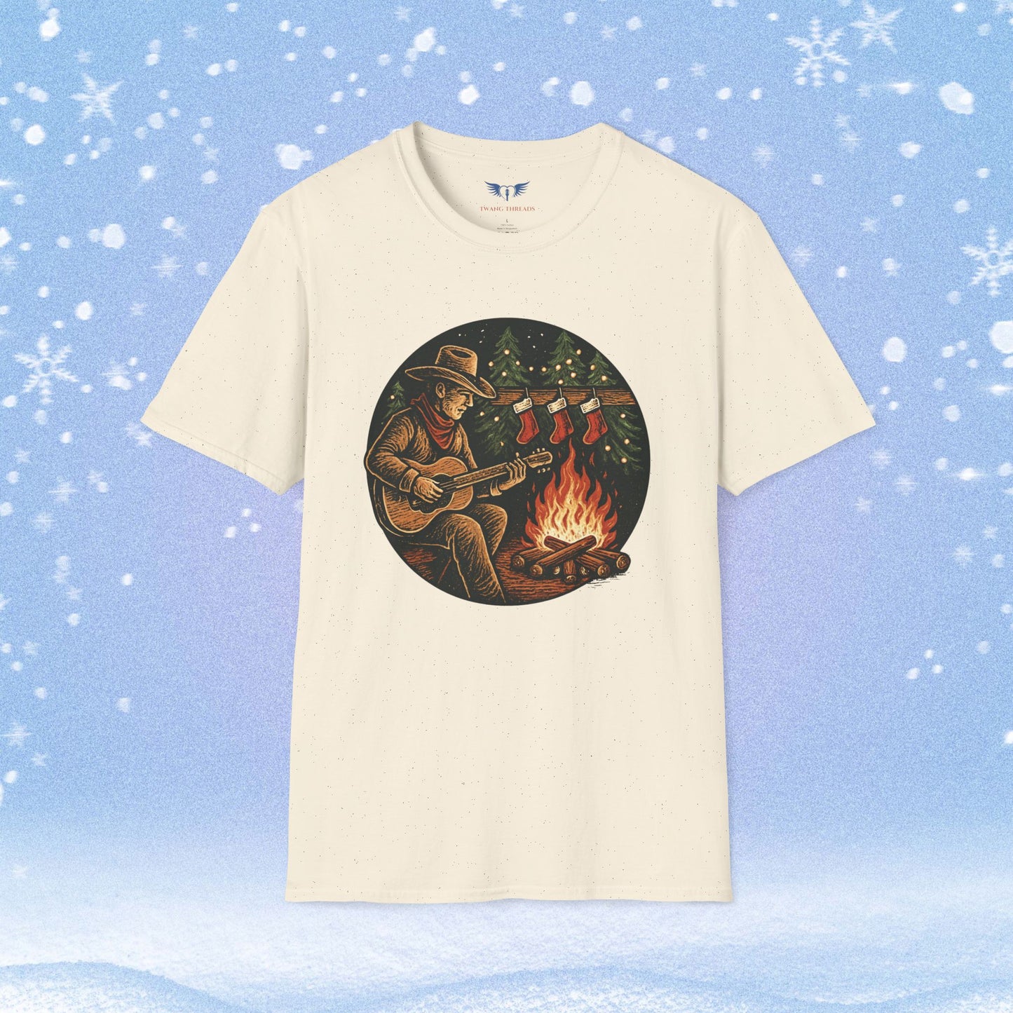 Cowboy Playing Guitar by Fire with Christmas Stockings Tshirt