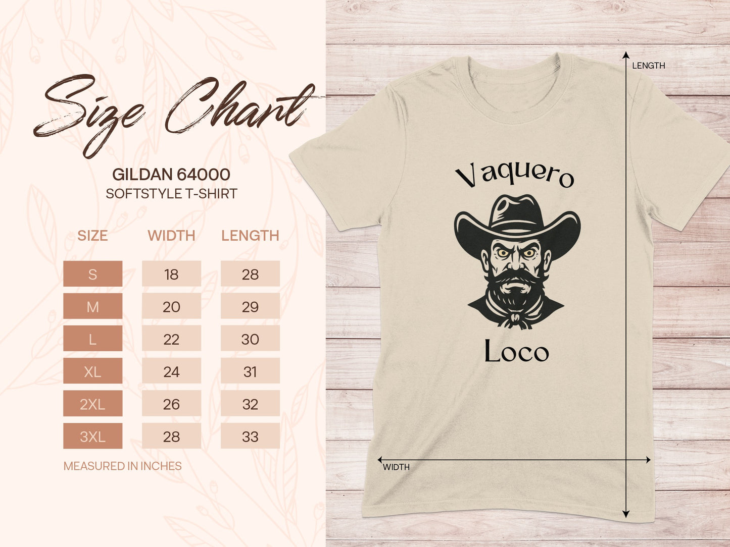 Gildan 64000 size chart with "Vaquero Loco" graphic and shirt measurements.