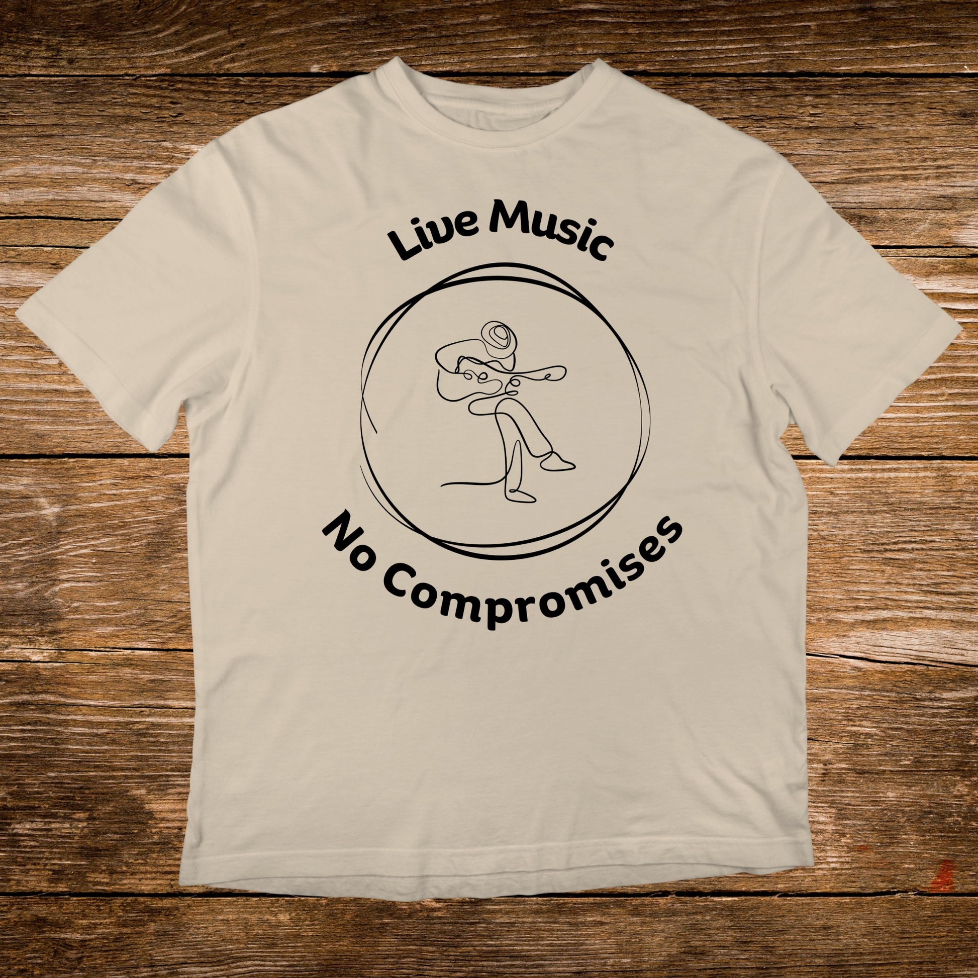 Cream t-shirt with "Live Music No Compromises" and guitar player graphic.