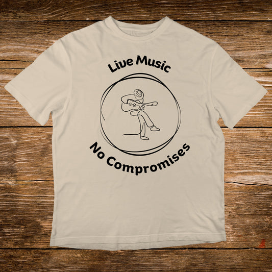 Cream t-shirt with "Live Music No Compromises" and guitar player graphic.