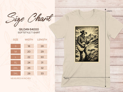 Gildan 64000 t-shirt size chart with cowboy graphic.