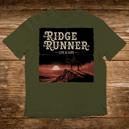 Olive t-shirt featuring a cowboy on horseback silhouetted against a sunset.