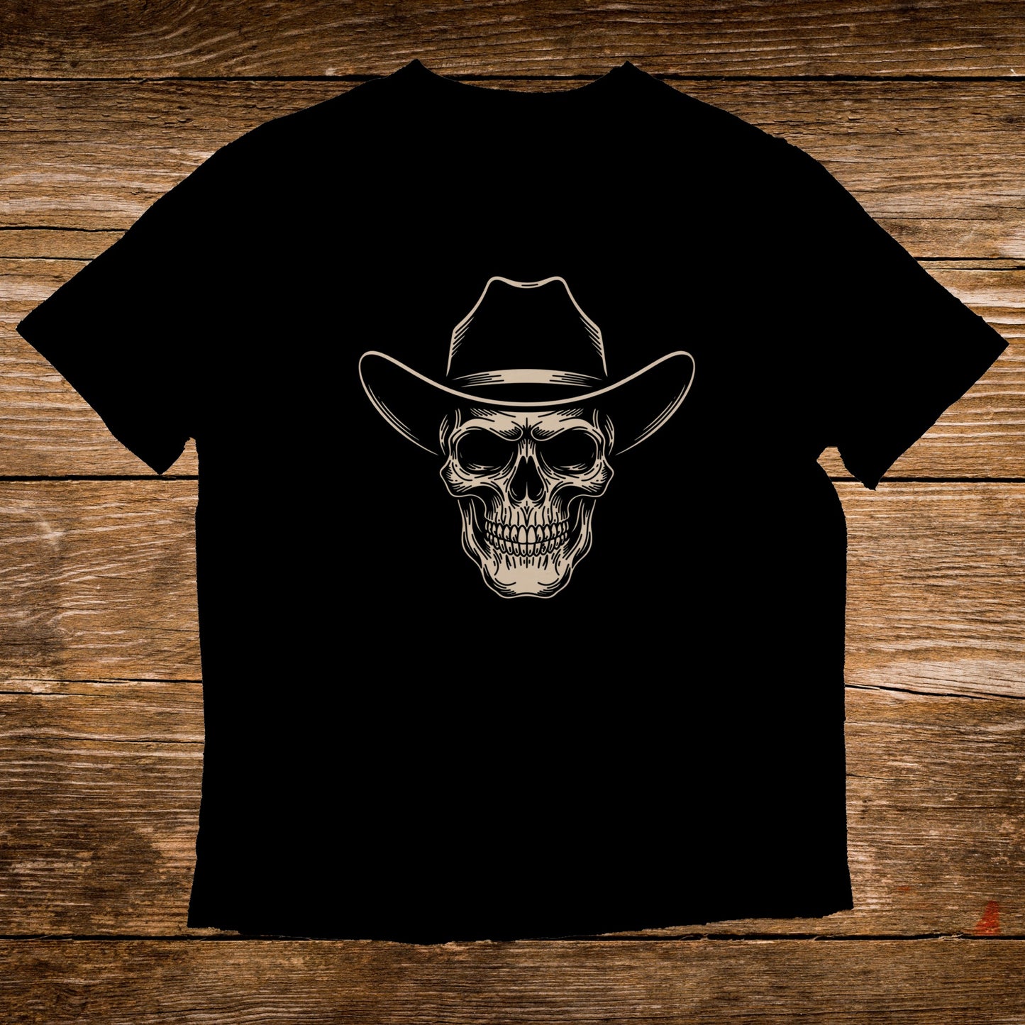 Black t-shirt with a detailed, stylized cowboy skull graphic in the center.