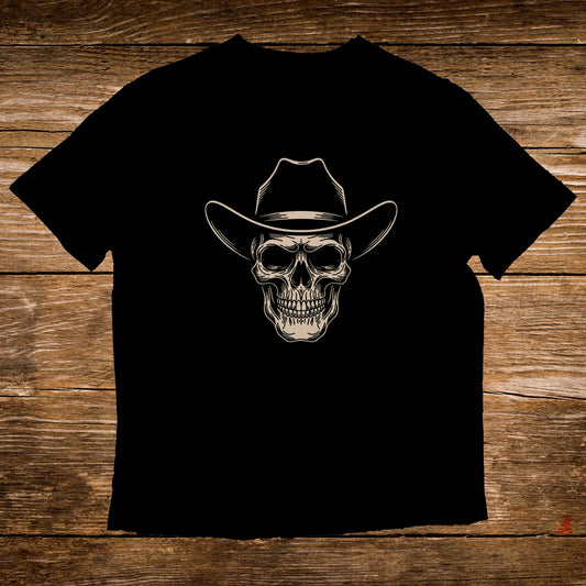 Black t-shirt with a detailed, stylized cowboy skull graphic in the center.