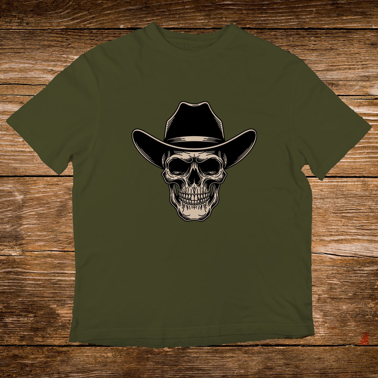 Olive t-shirt featuring a detailed skull wearing a black cowboy hat.