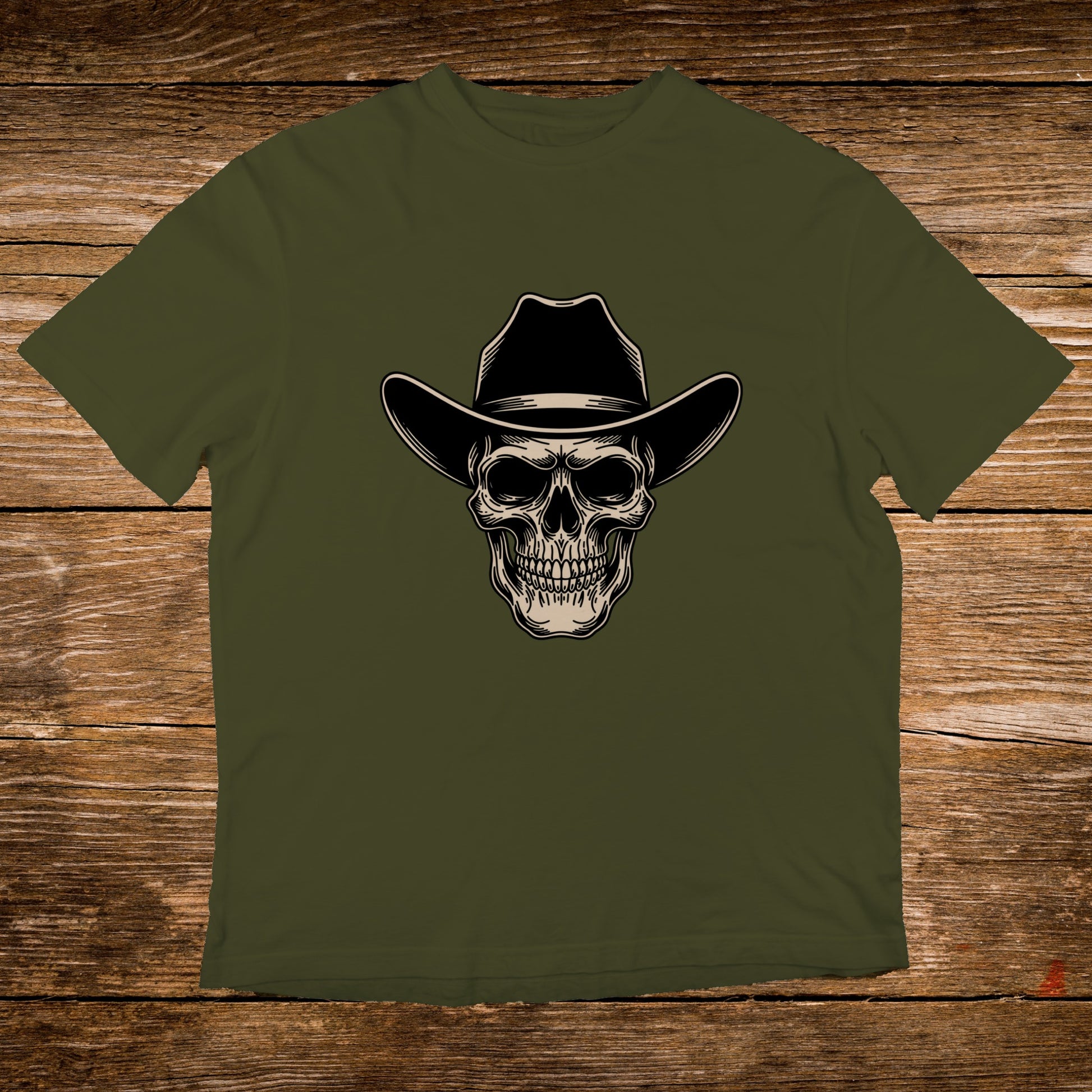 Olive t-shirt featuring a detailed skull wearing a black cowboy hat.