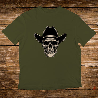 Olive t-shirt featuring a detailed skull wearing a black cowboy hat.