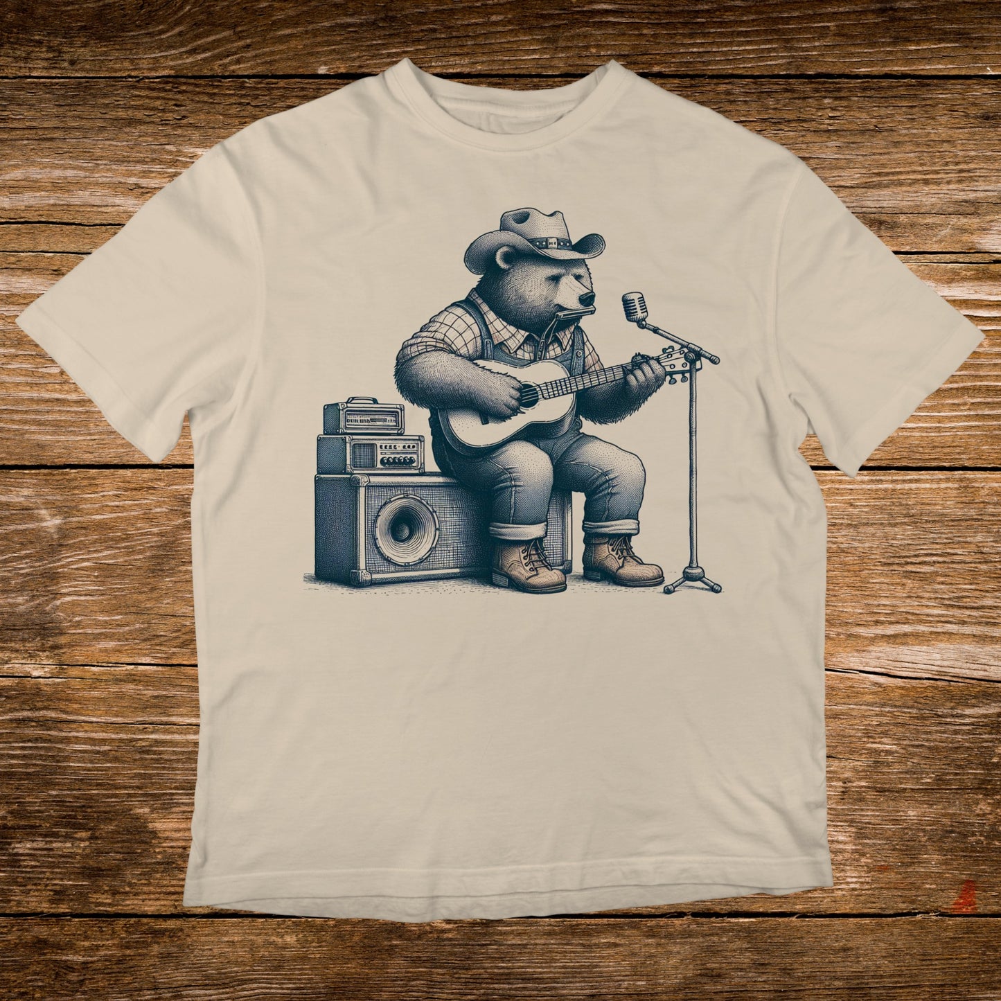 Bear in cowboy hat plays guitar and sings into microphone, sitting on amplifiers.