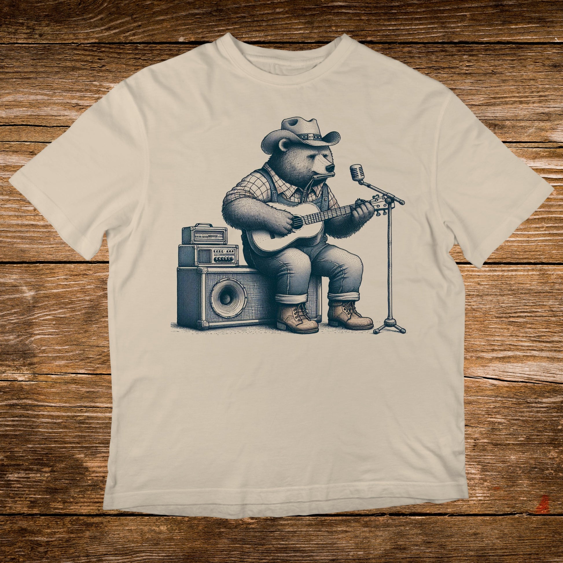 Bear in cowboy hat plays guitar and sings into microphone, sitting on amplifiers.