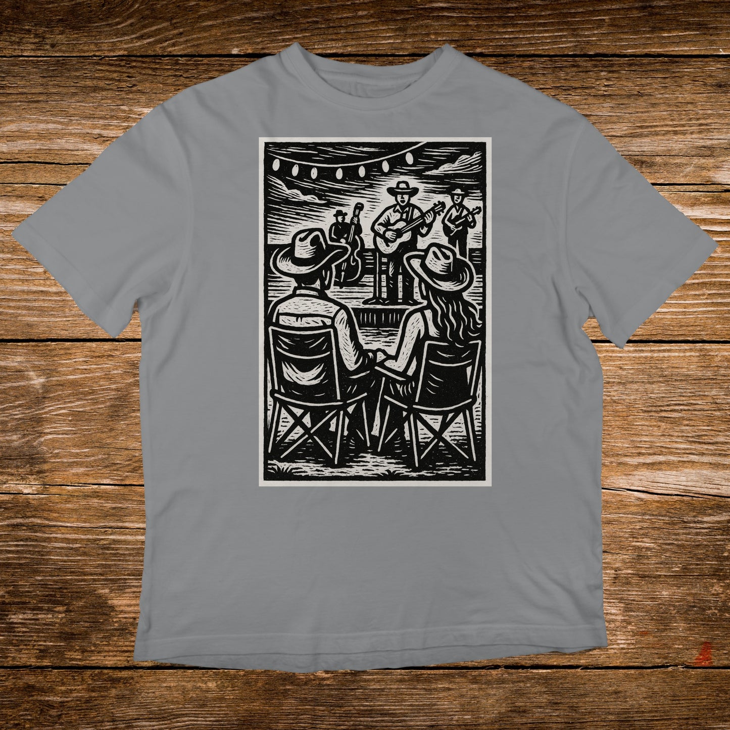 Woodcut-style illustration of a band performing for seated audience members.