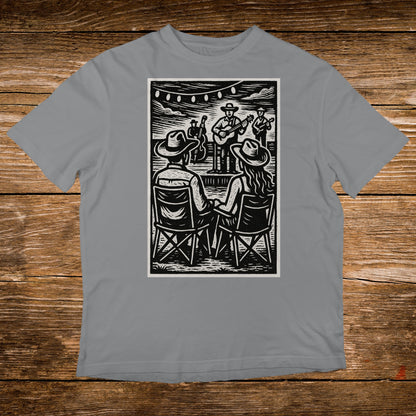 Woodcut-style illustration of a band performing for seated audience members.