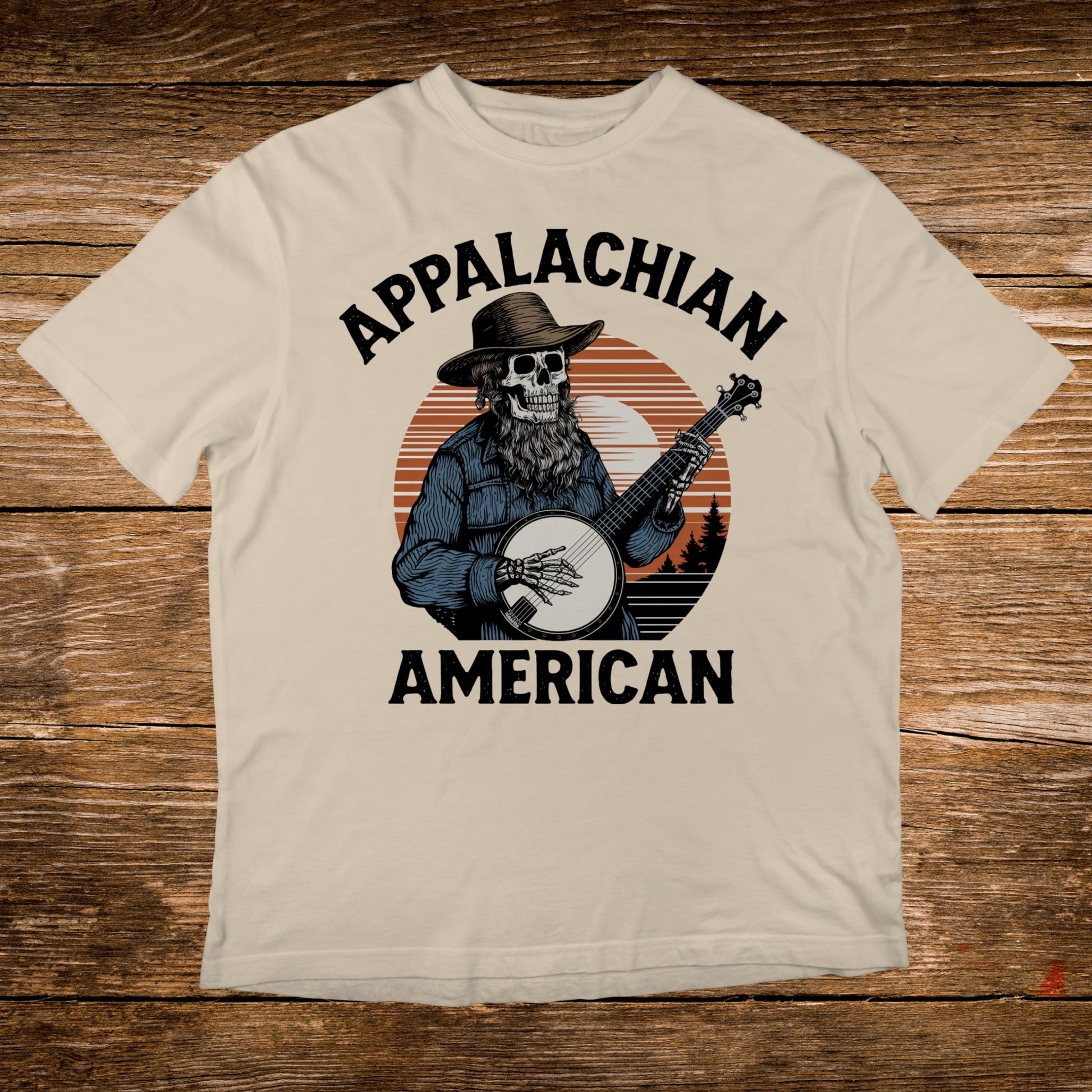 Skeleton playing banjo wearing hat and beard, "APPALACHIAN AMERICAN" text.