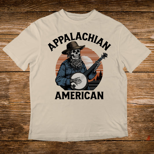 Skeleton playing banjo wearing hat and beard, "APPALACHIAN AMERICAN" text.