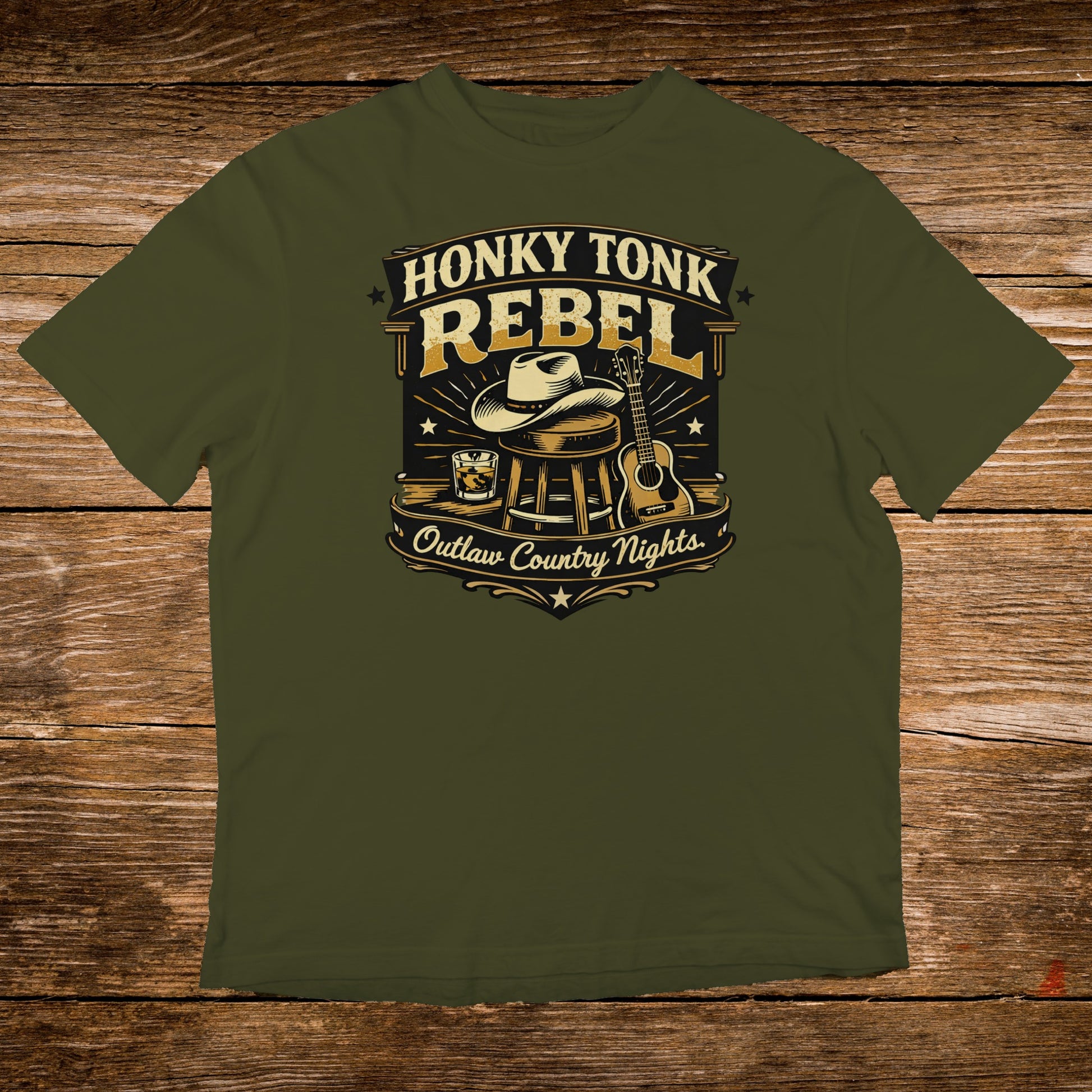 Olive green t-shirt with "Honky Tonk Rebel" text and western graphic.