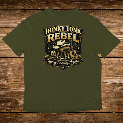 Olive green t-shirt with "Honky Tonk Rebel" text and western graphic.