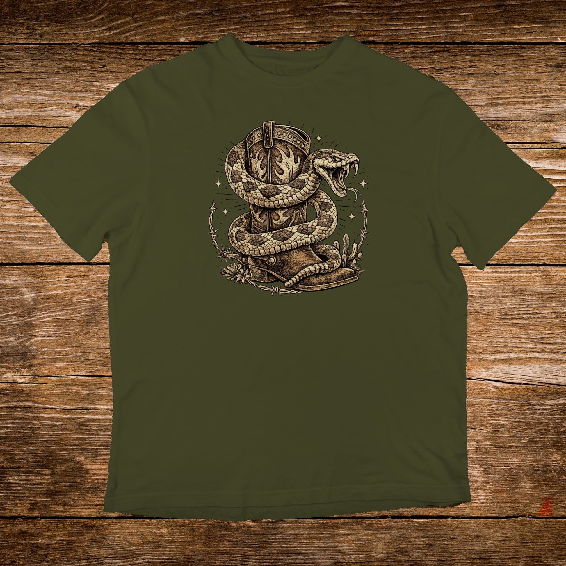 Green t-shirt with snake coiled around a cowboy boot with cactus.