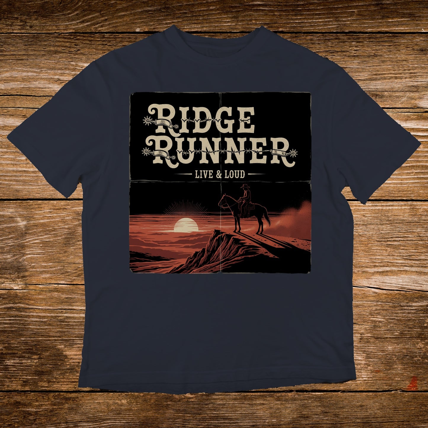 T-shirt with graphic of cowboy on horse against sunset and "Ridge Runner Live & Loud" text.