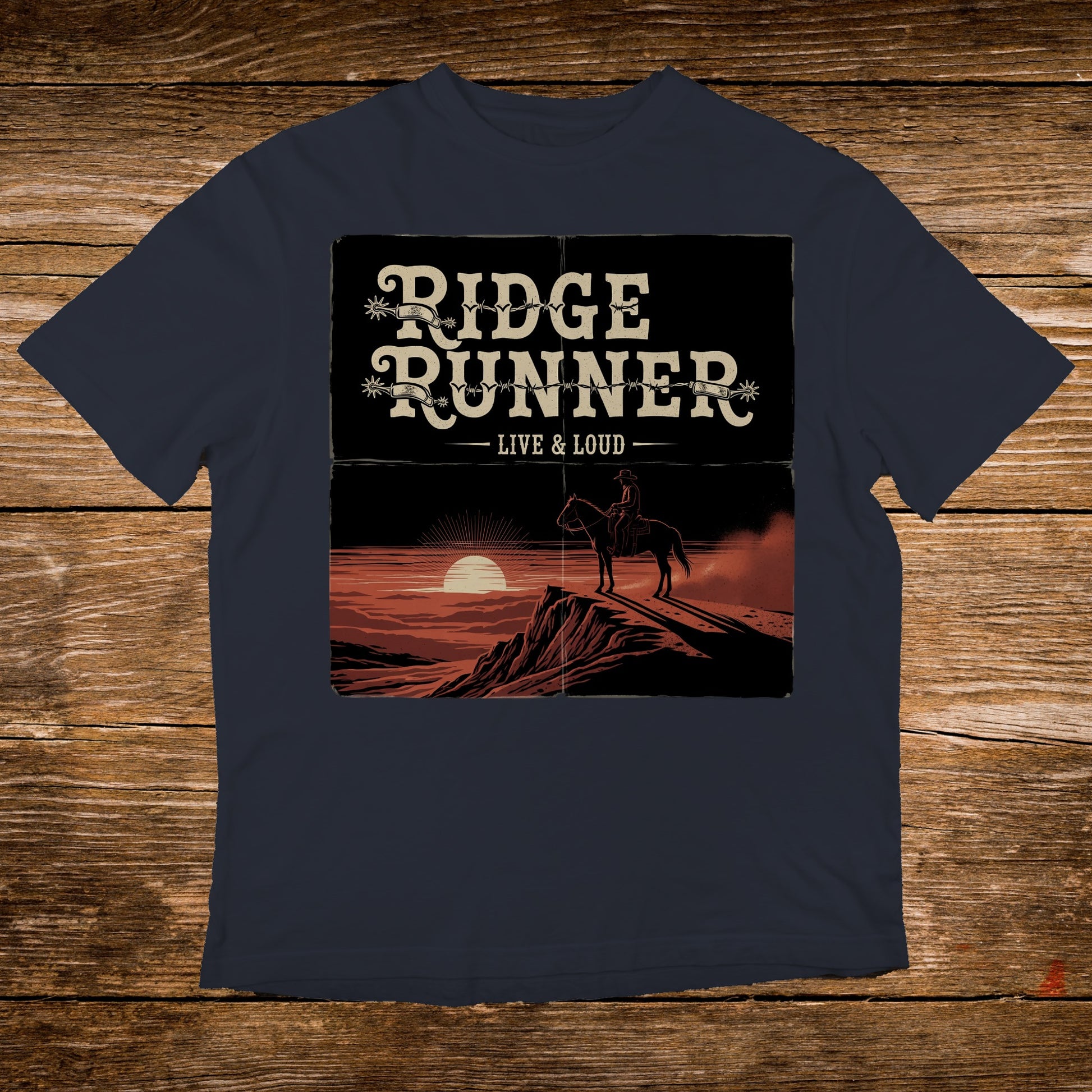 T-shirt with graphic of cowboy on horse against sunset and "Ridge Runner Live & Loud" text.