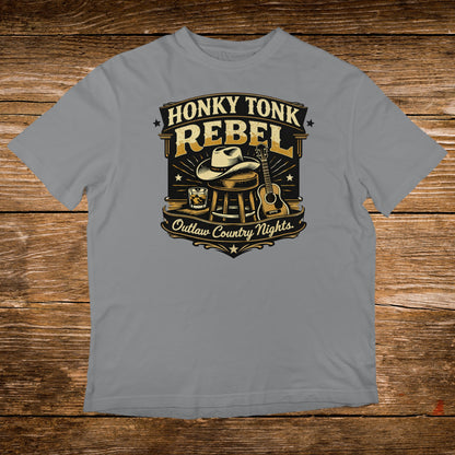 Gray t-shirt with "Honky Tonk Rebel" text and country-themed graphics.