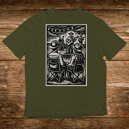 T-shirt with woodcut illustration of a live band performing outdoors for seated audience.
