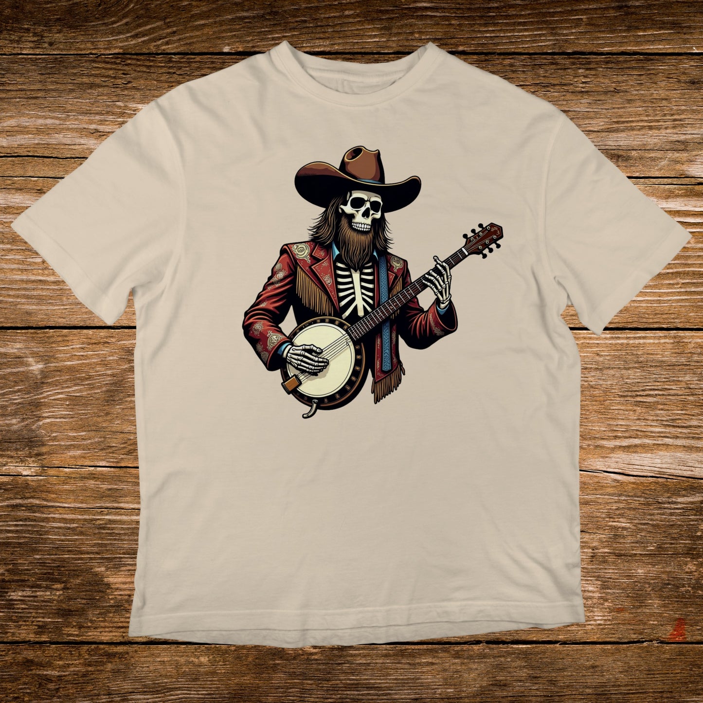 Skeleton in cowboy hat playing banjo, wearing red jacket and patterned scarf.