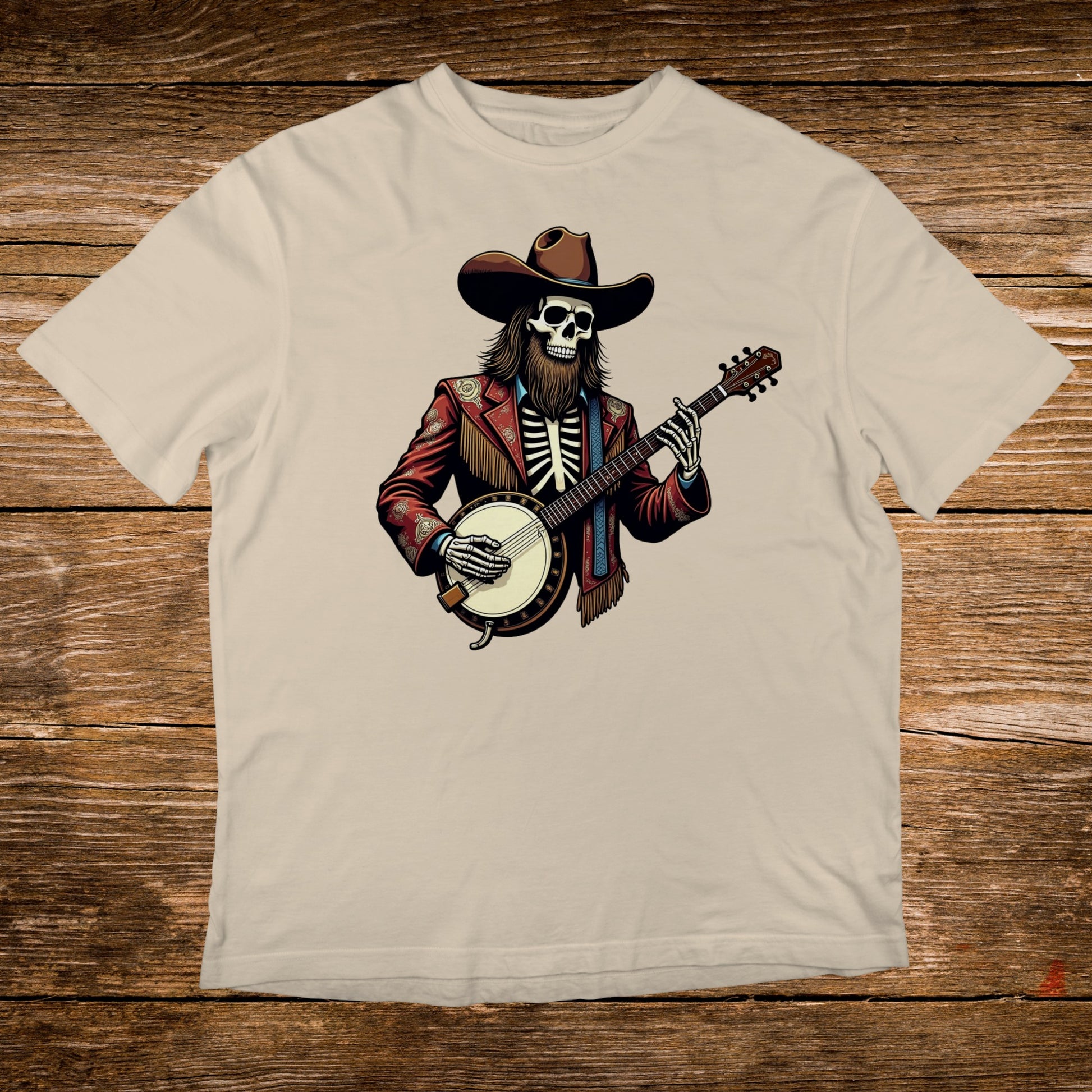 Skeleton in cowboy hat playing banjo, wearing red jacket and patterned scarf.