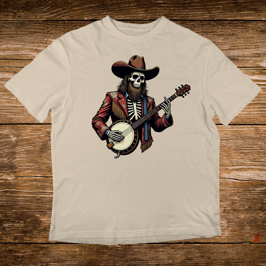 Skeleton in cowboy hat playing banjo, wearing red jacket and patterned scarf.