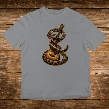 Rattlesnake coiled around acoustic guitar illustration on grey t-shirt.