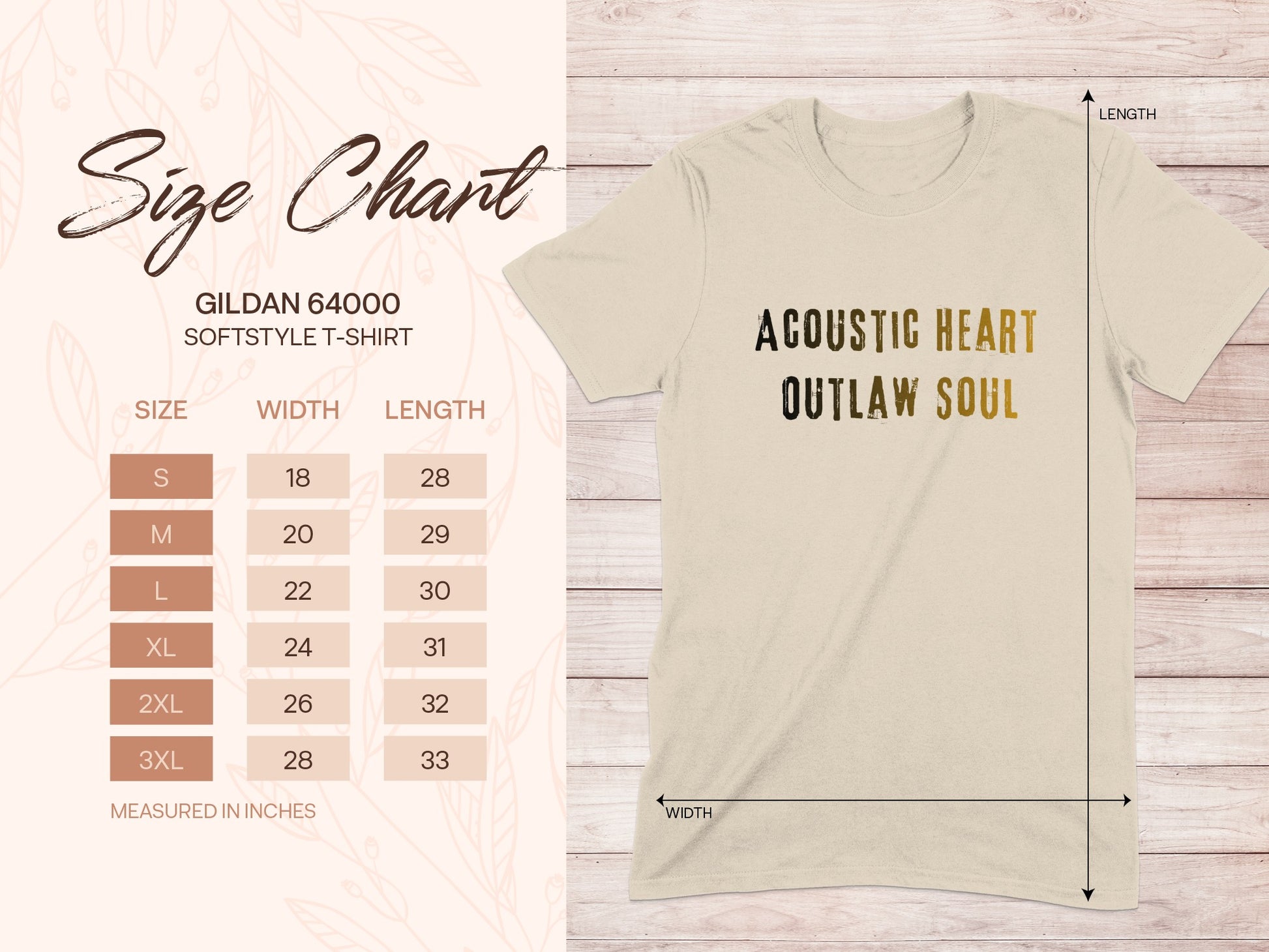 Gildan 64000 Softstyle t-shirt size chart with width and length measurements.
